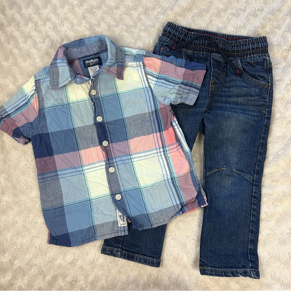 Toddler Boy Size 2T Outfit Plaid Button Down Shirt Cat & Jack Jeans
